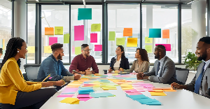 A diverse group of employees collaborating around a conference table in a bright, modern meeting room.
