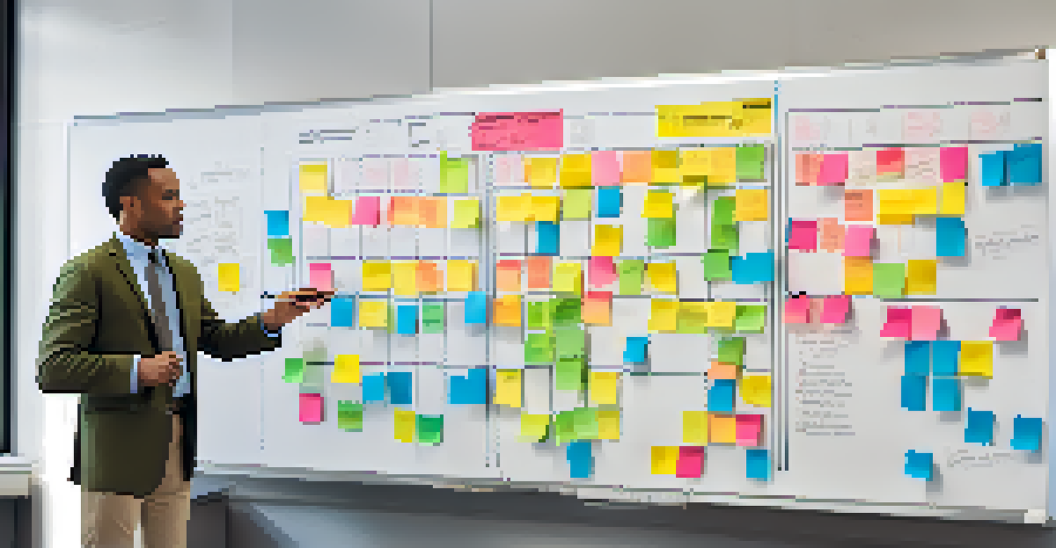 A modern office scene showing a whiteboard with the Eisenhower Matrix and colorful sticky notes, with two colleagues discussing tasks.