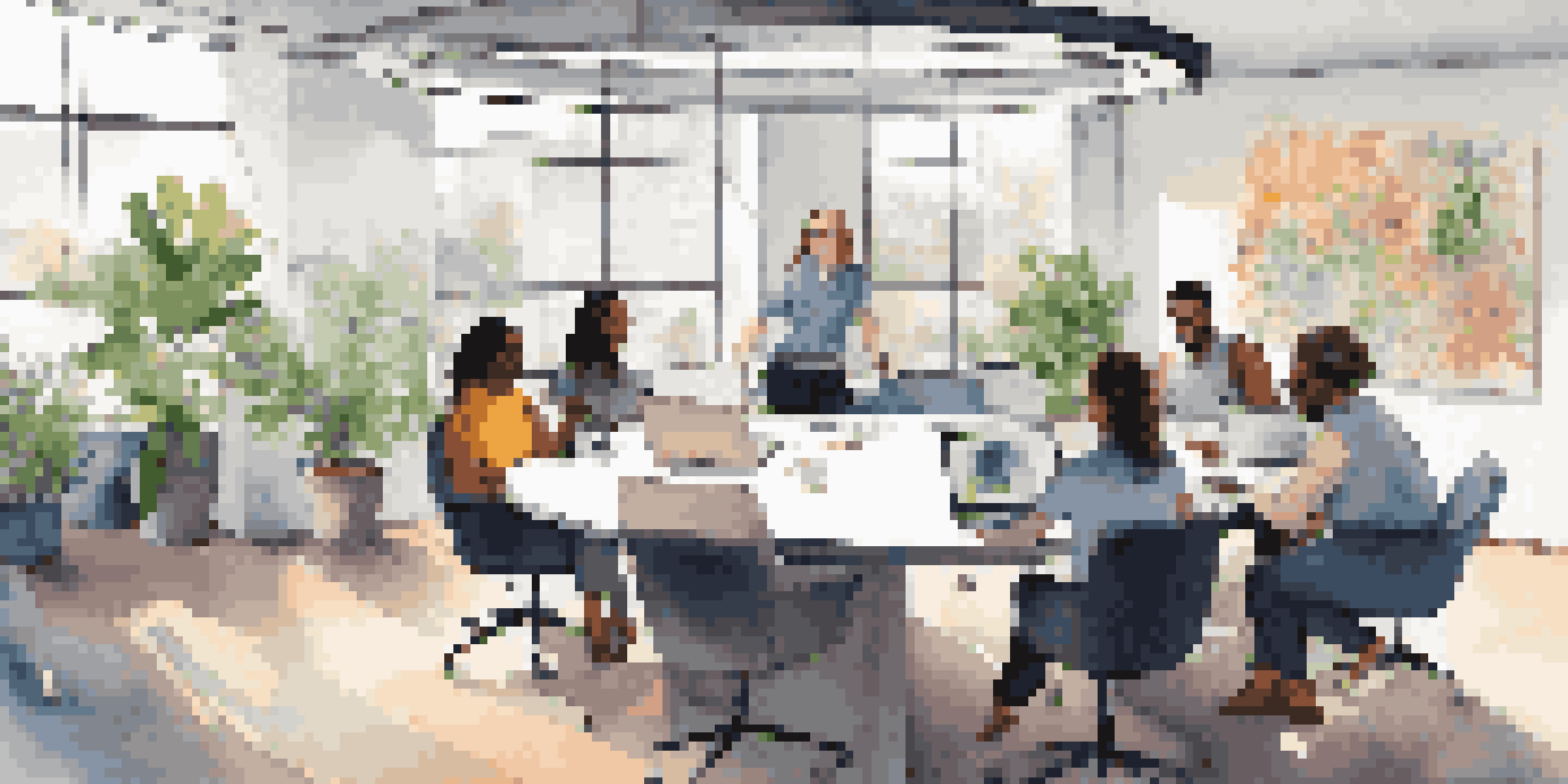 A diverse group of professionals collaborating in a bright, modern office with natural light and plants.