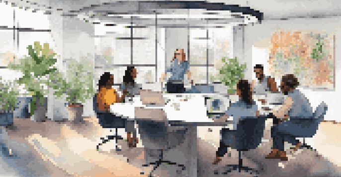 A diverse group of professionals collaborating in a bright, modern office with natural light and plants.