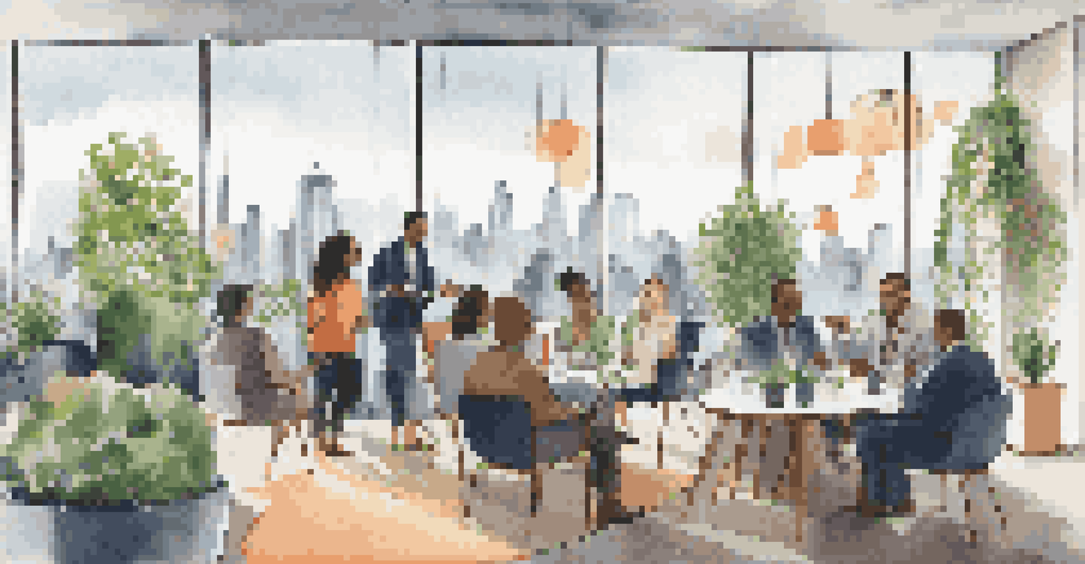 A diverse group of professionals networking in a modern setting with a city skyline background.