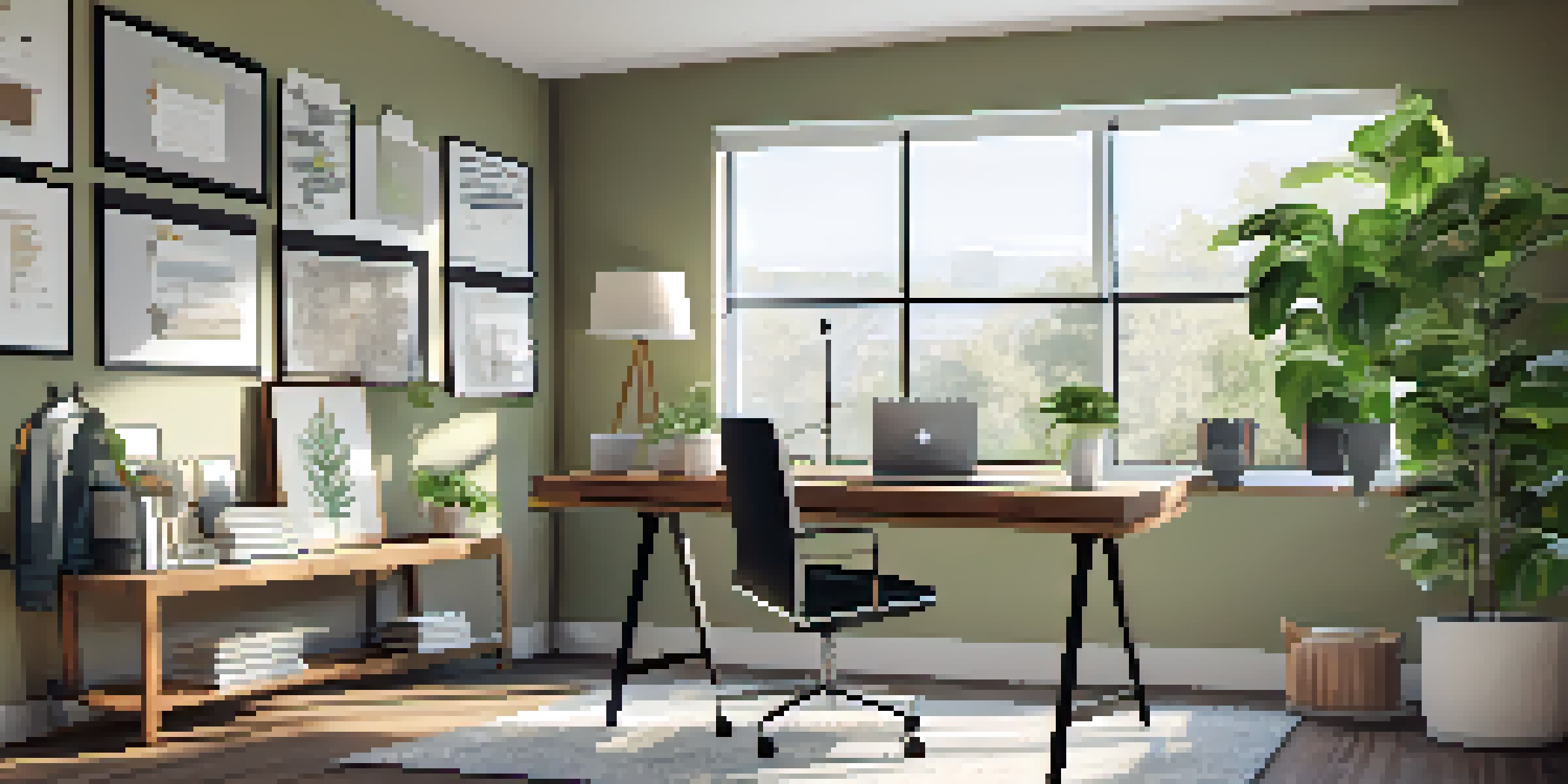 A bright and organized home office with a desk, laptop, and inspirational decor, bathed in natural light.