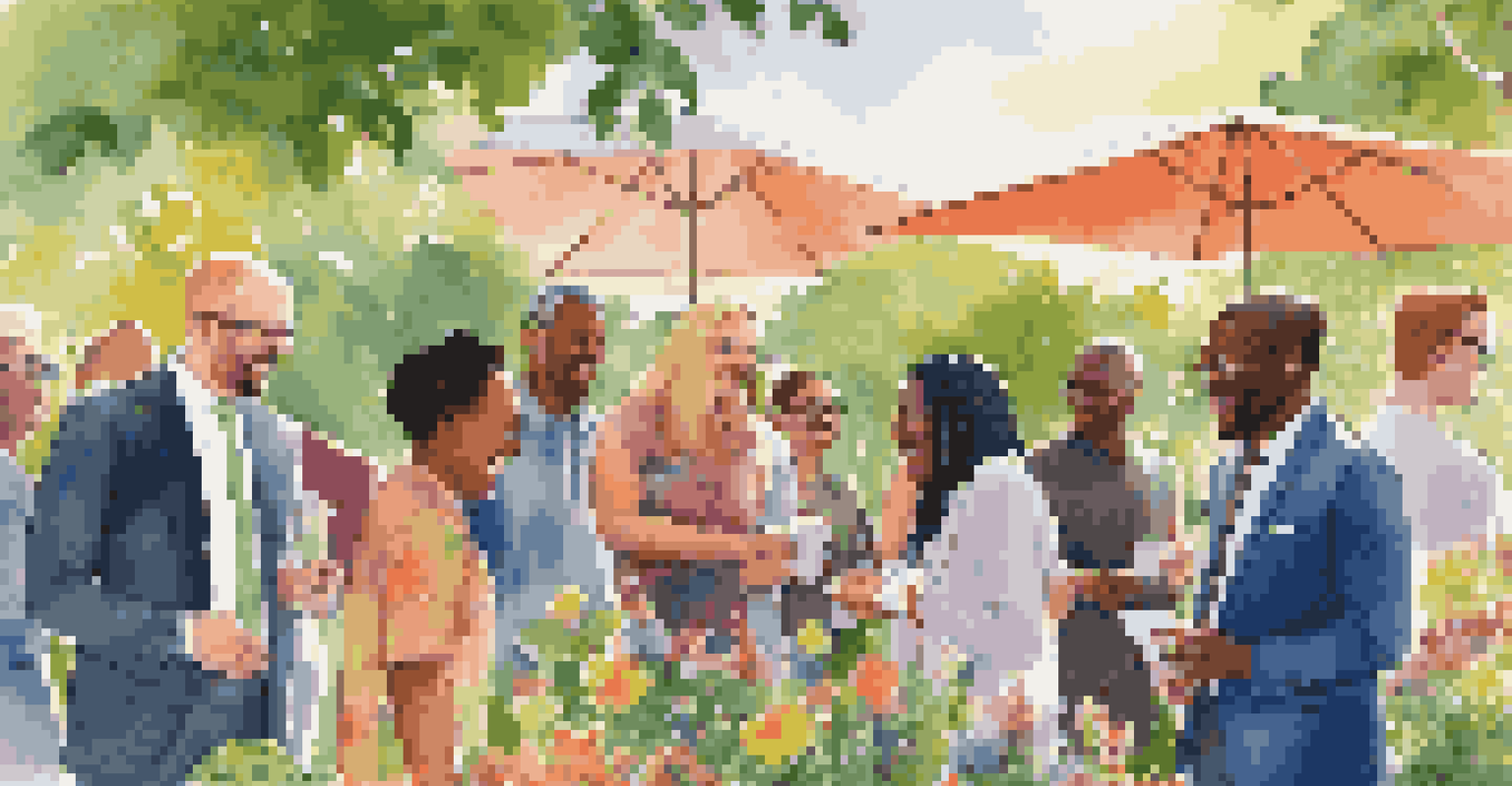 A group of diverse professionals networking in a garden setting, exchanging ideas and business cards.