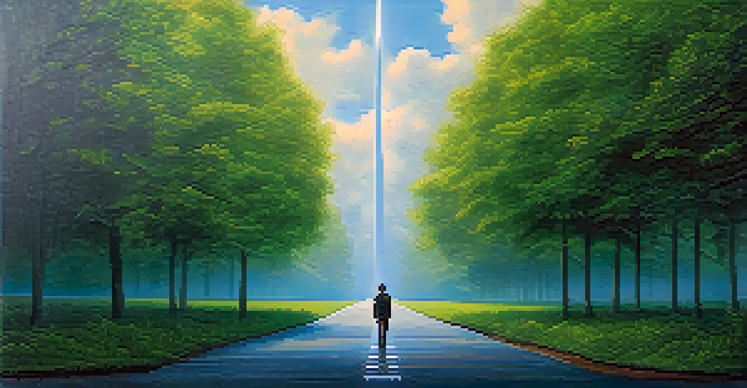 A person at a crossroads with two distinct paths symbolizing career choices under a bright sky.