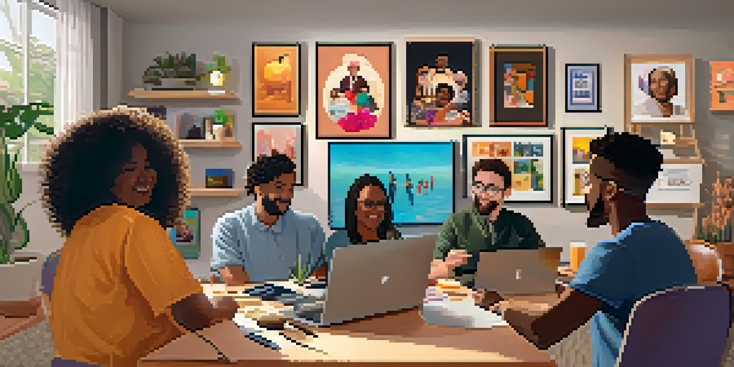 A group of diverse individuals participating in a lively online community video call, surrounded by their personal interests and tools.