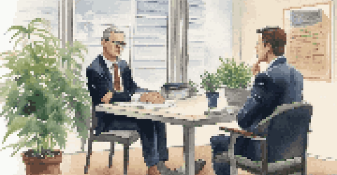 A job interview scene with a candidate and interviewer at a modern table, surrounded by motivational elements.
