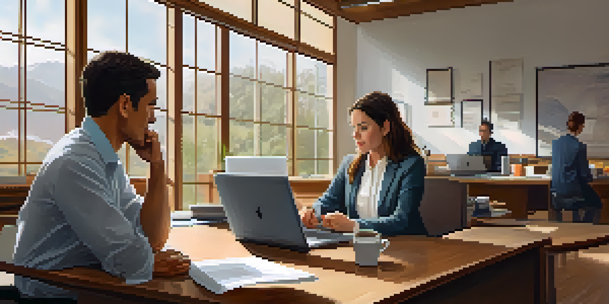 A leader attentively listening to a team member in a cozy office setting, with warm natural light and a wooden desk.