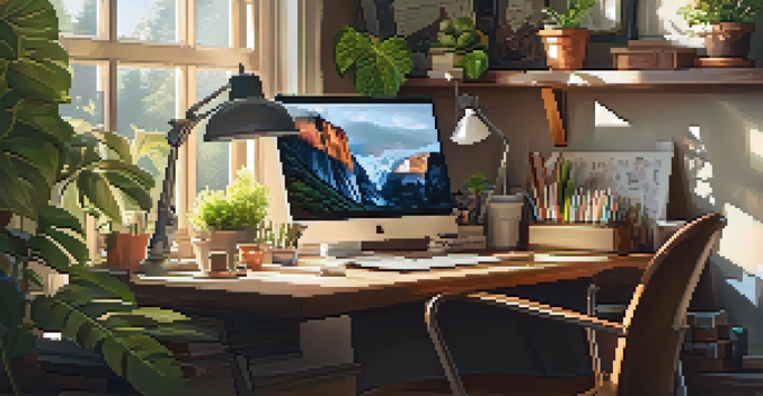 A bright and inviting home office with a wooden desk, laptop, and plants, illuminated by sunlight from a large window.