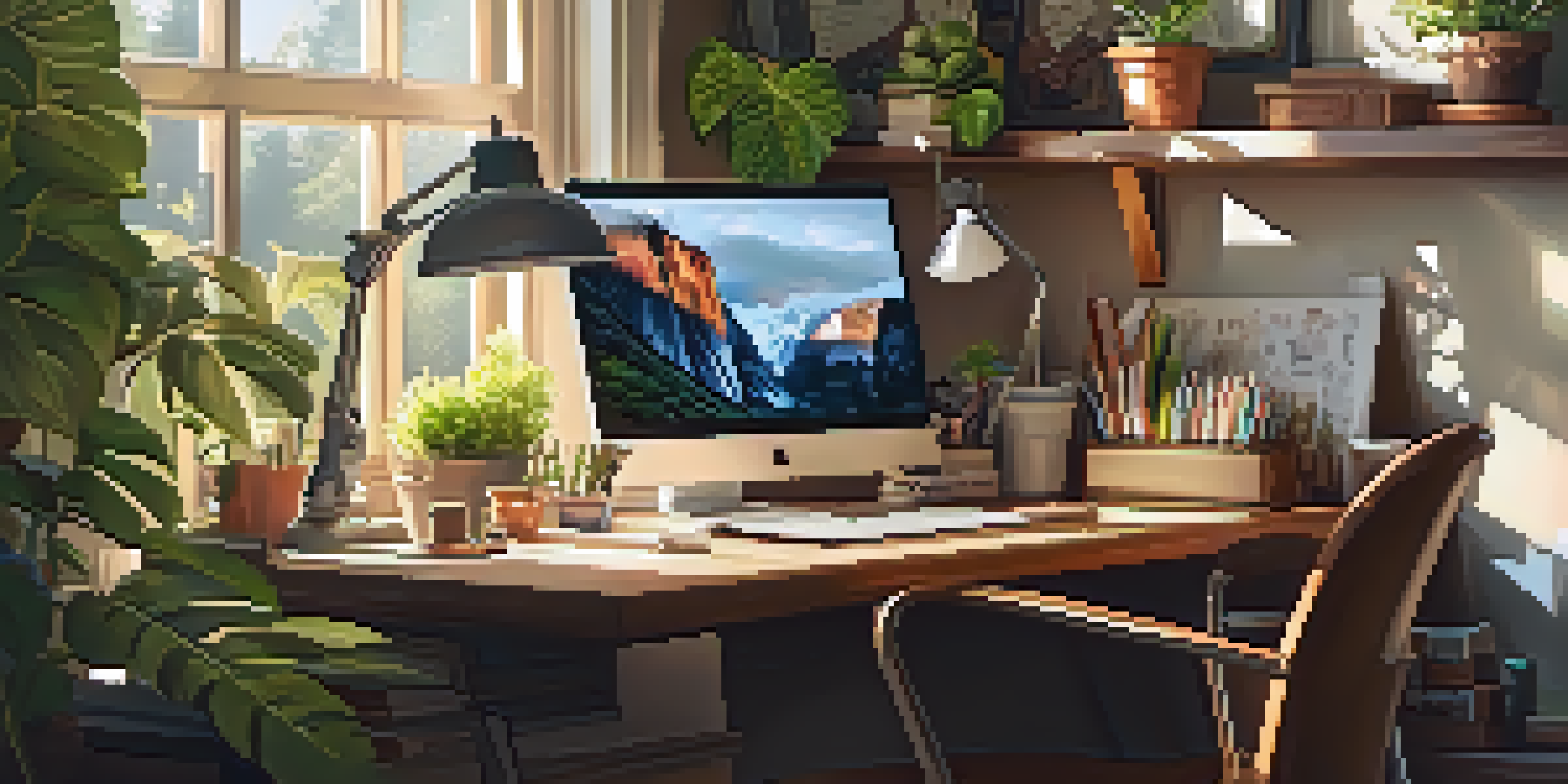 A bright and inviting home office with a wooden desk, laptop, and plants, illuminated by sunlight from a large window.