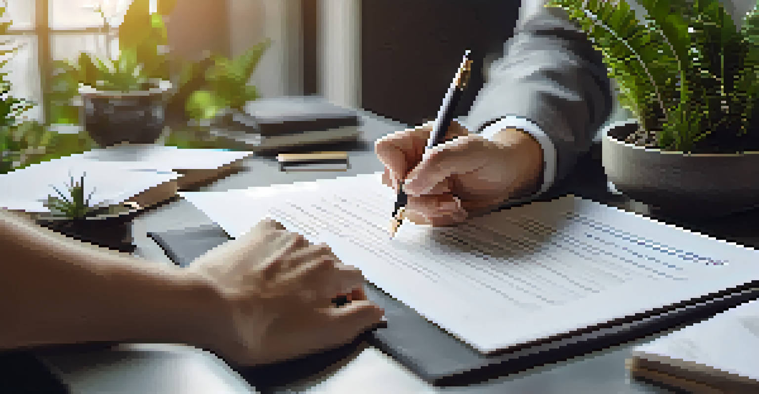 Close-up of hands holding a pen over a 'Salary Agreement' document in a stylish office setting, symbolizing the moment of signing a contract.