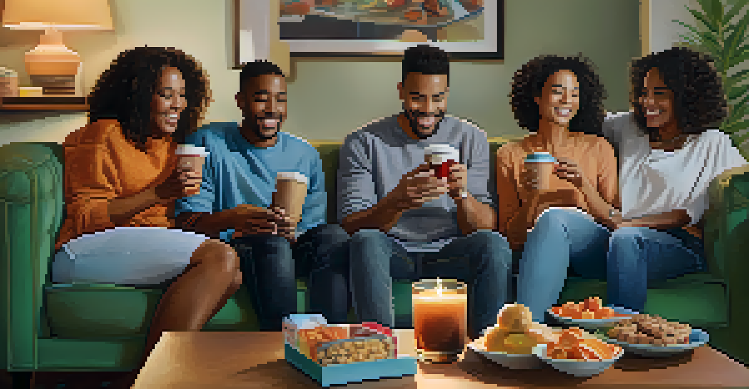 A diverse group of friends enjoying time together in a cozy living room, smiling and sharing snacks.