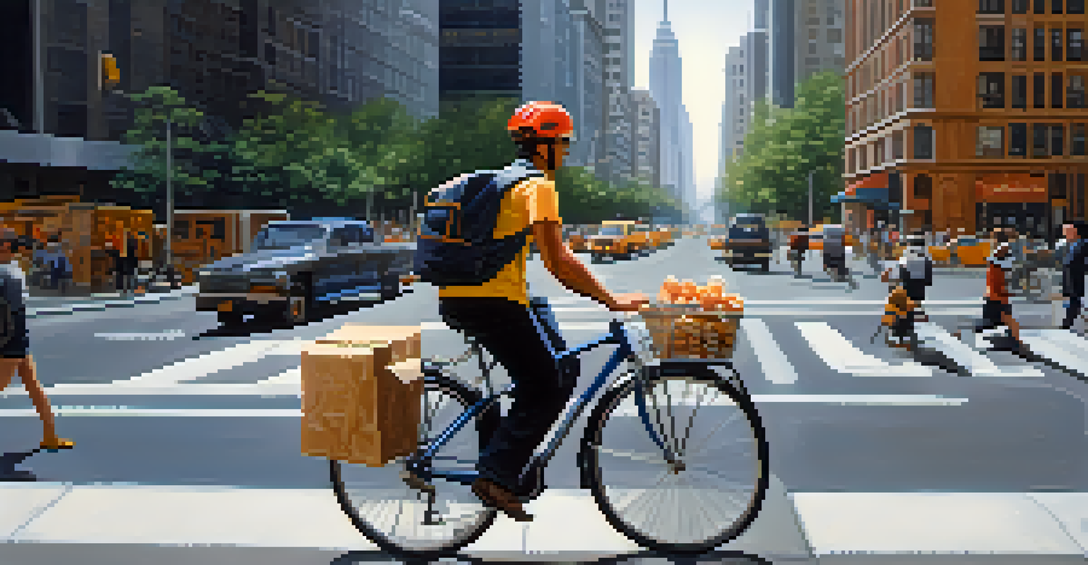 A gig worker on a bicycle delivering food in a bustling urban environment, surrounded by skyscrapers, pedestrians, and cars, showcasing the dynamic nature of gig work.