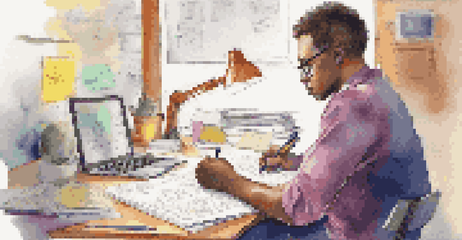 A close-up of a person writing questions in a notebook during a brainstorming session, surrounded by sticky notes and a laptop.