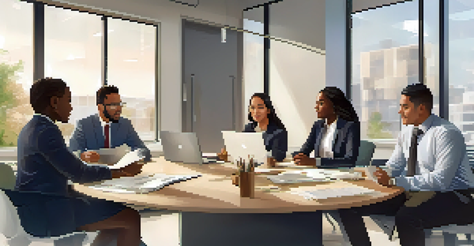 A diverse group of employees engaged in a feedback session in a bright modern office.