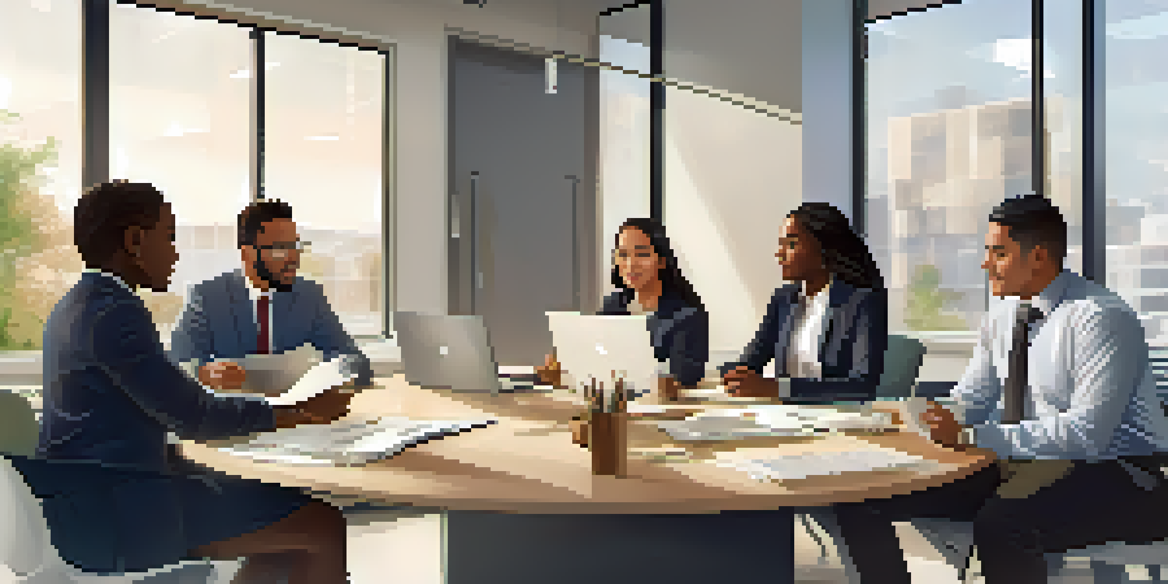 A diverse group of employees engaged in a feedback session in a bright modern office.