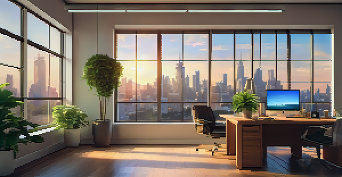An office with a view of a city skyline at sunset, featuring a desk with plants and an open laptop.