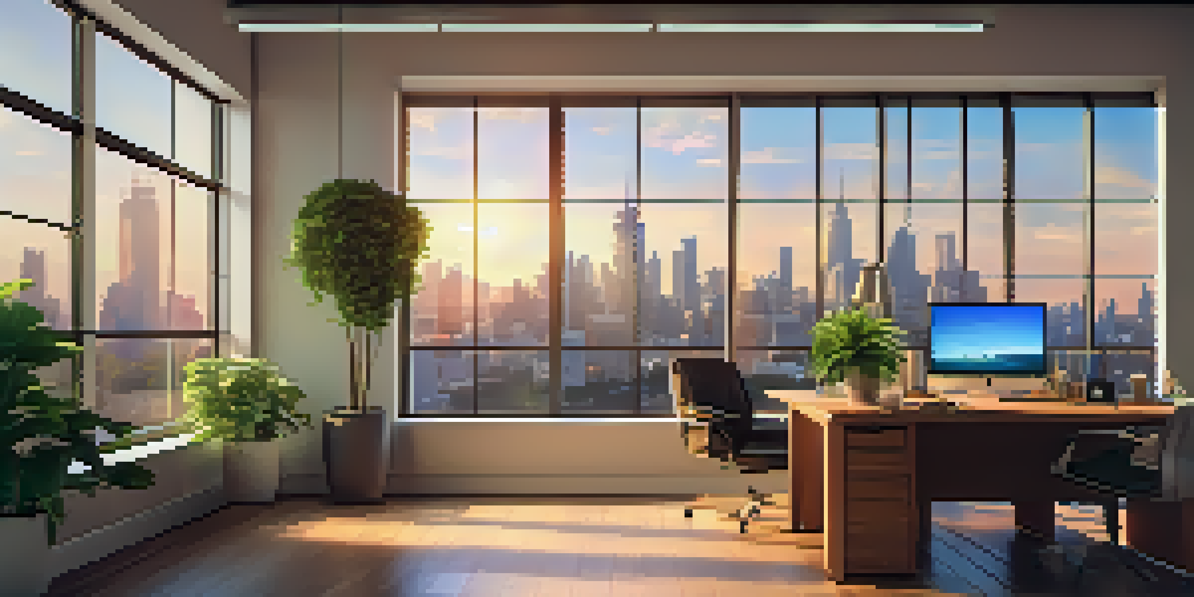 An office with a view of a city skyline at sunset, featuring a desk with plants and an open laptop.