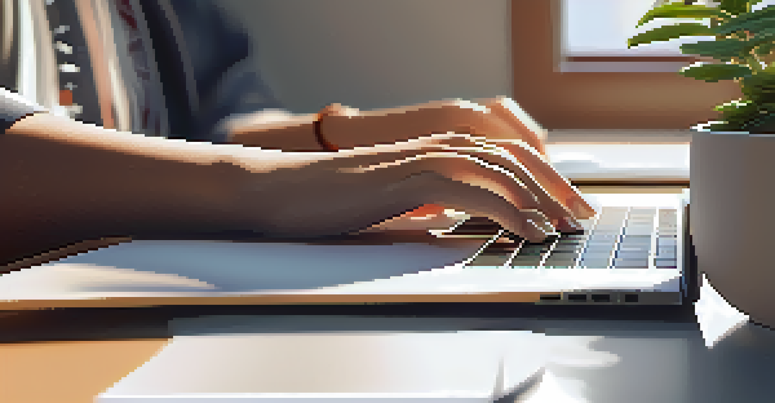 Close-up of a student's hands typing on a laptop to create a resume, with a notepad and coffee on the desk.