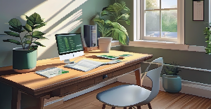 A cozy home office with a wooden desk, laptop, coffee cup, and sunlight streaming through a window.
