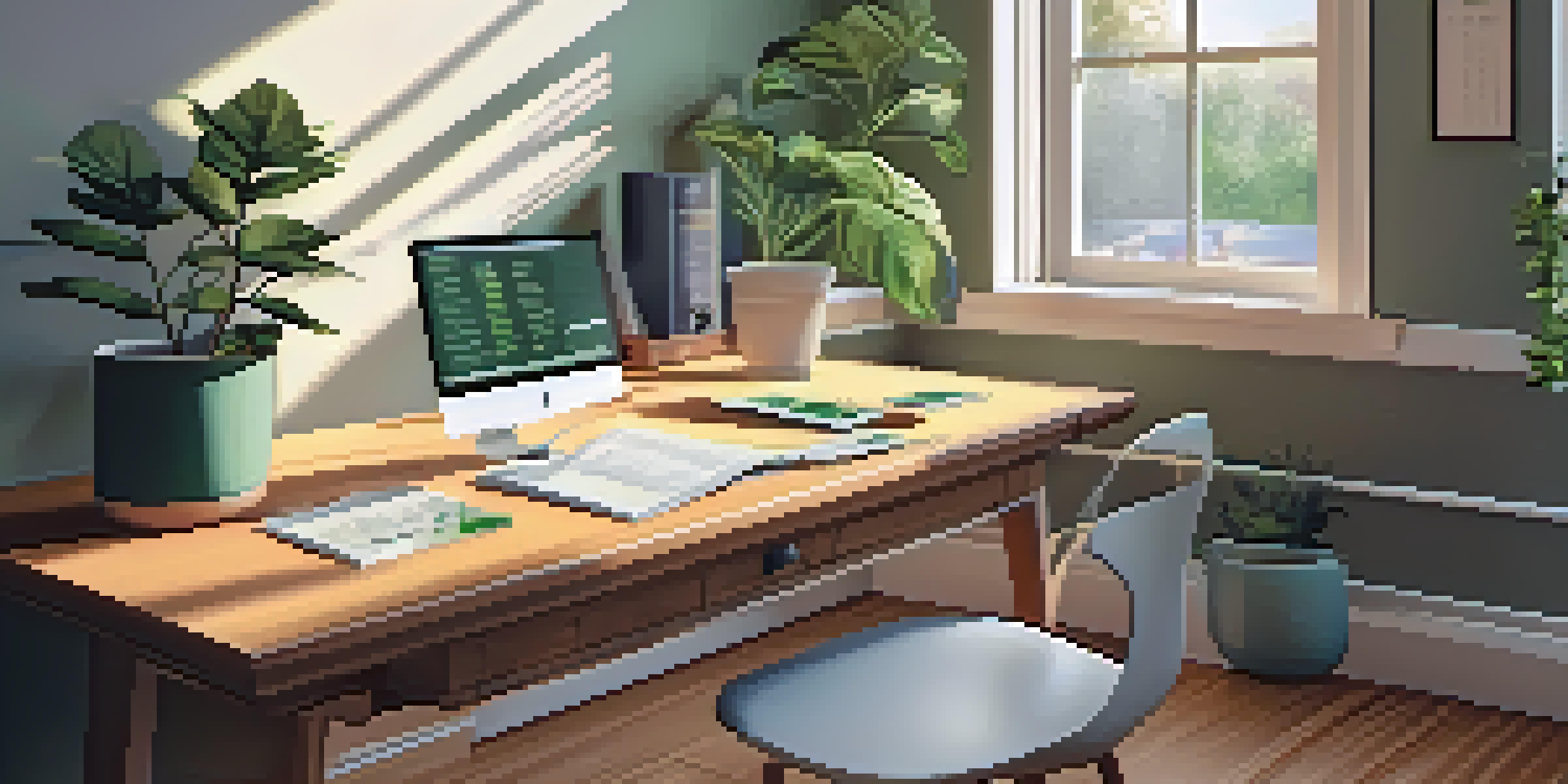A cozy home office with a wooden desk, laptop, coffee cup, and sunlight streaming through a window.