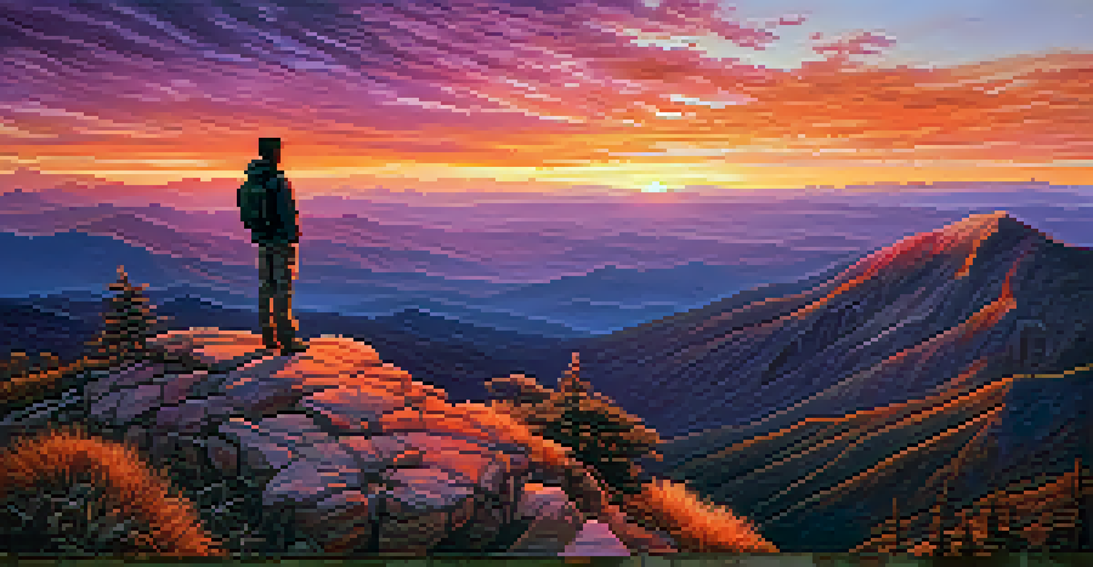 A person on a mountain peak overlooking a vast landscape during a vibrant sunset, representing ambition.