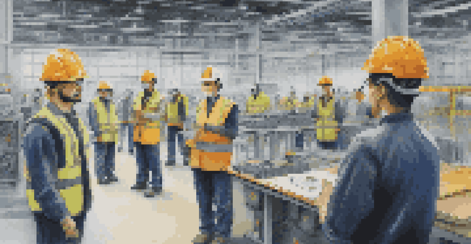 Workers in a factory wearing smart helmets during a safety meeting with leaders discussing protocols.