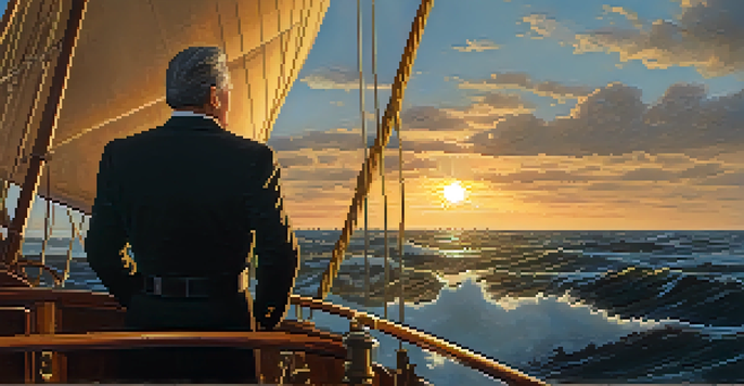 A confident leader stands at the front of a ship, looking out at the sunset over the ocean, embodying strong leadership.