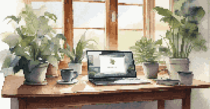 A modern digital workspace with a laptop, plants, and a coffee cup, illuminated by natural light.