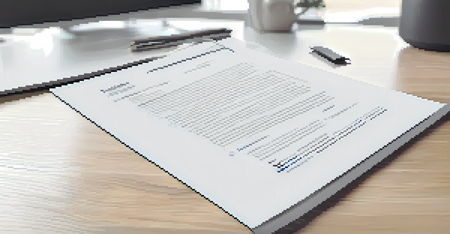 Close-up of a well-structured resume on a desk with reading glasses and a pen beside it, soft focus on a motivational poster.