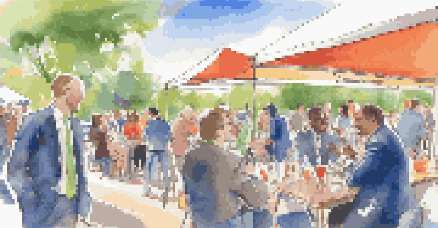 Professionals networking at an outdoor event, exchanging ideas and business cards under a clear blue sky with colorful banners.
