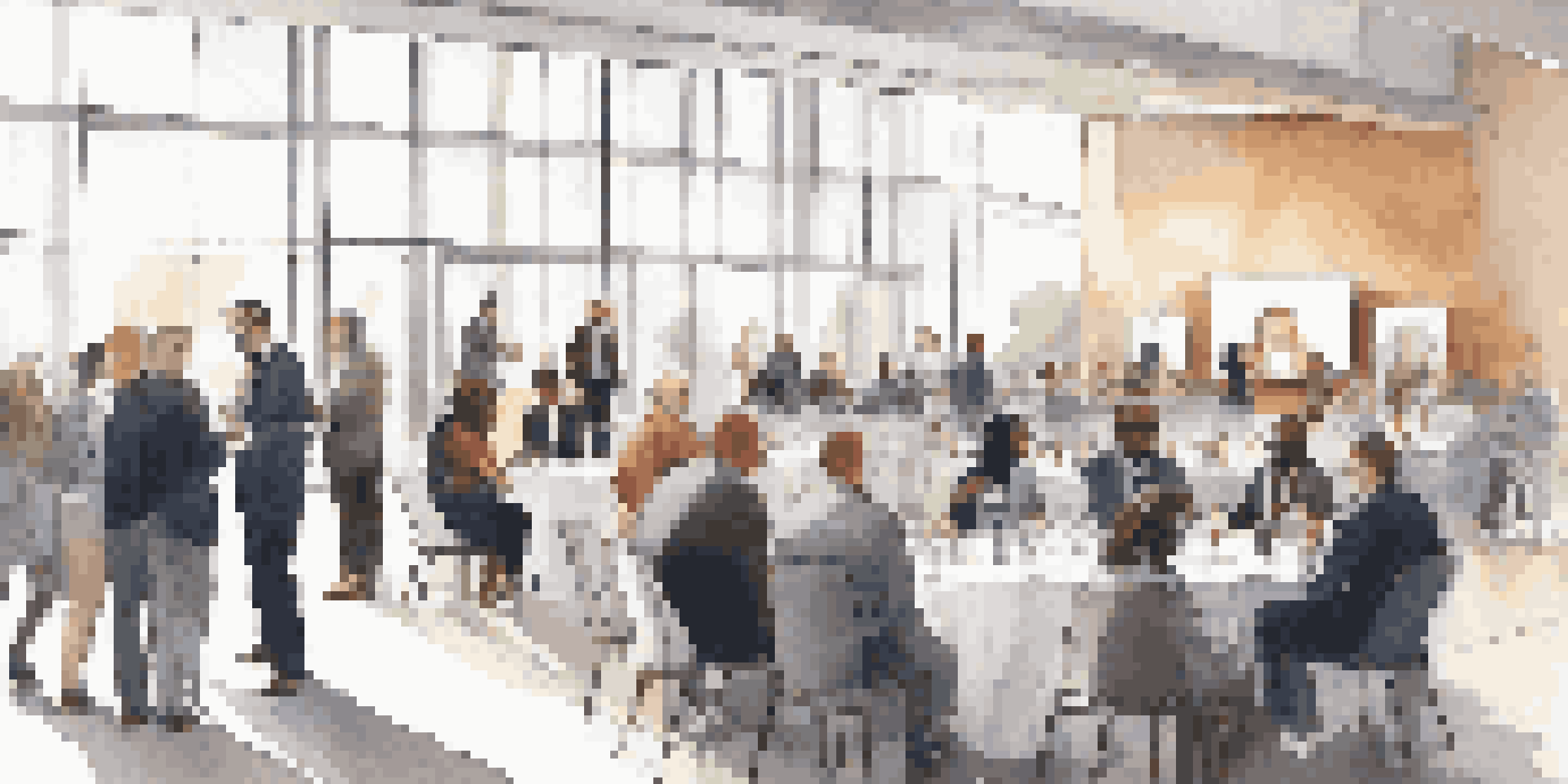 A diverse group of professionals networking in a bright conference hall with a banner in the background.