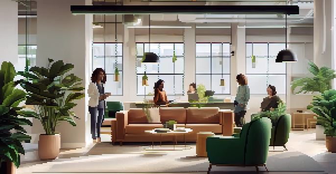 A bright and open office space with employees collaborating and discussing ideas, surrounded by plants and modern furniture.