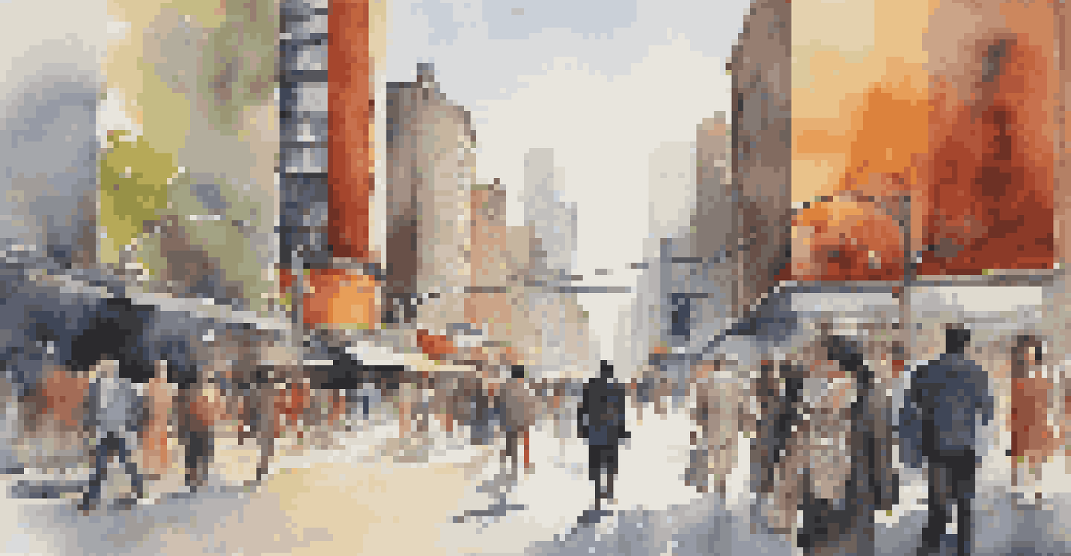 A confident individual walking through a bustling city street, surrounded by bright advertisements and diverse people, symbolizing adaptability to change.