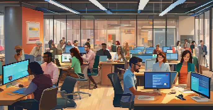 A diverse group of professionals in a modern office engaged in various forms of digital communication, with warm lighting and colorful decor.