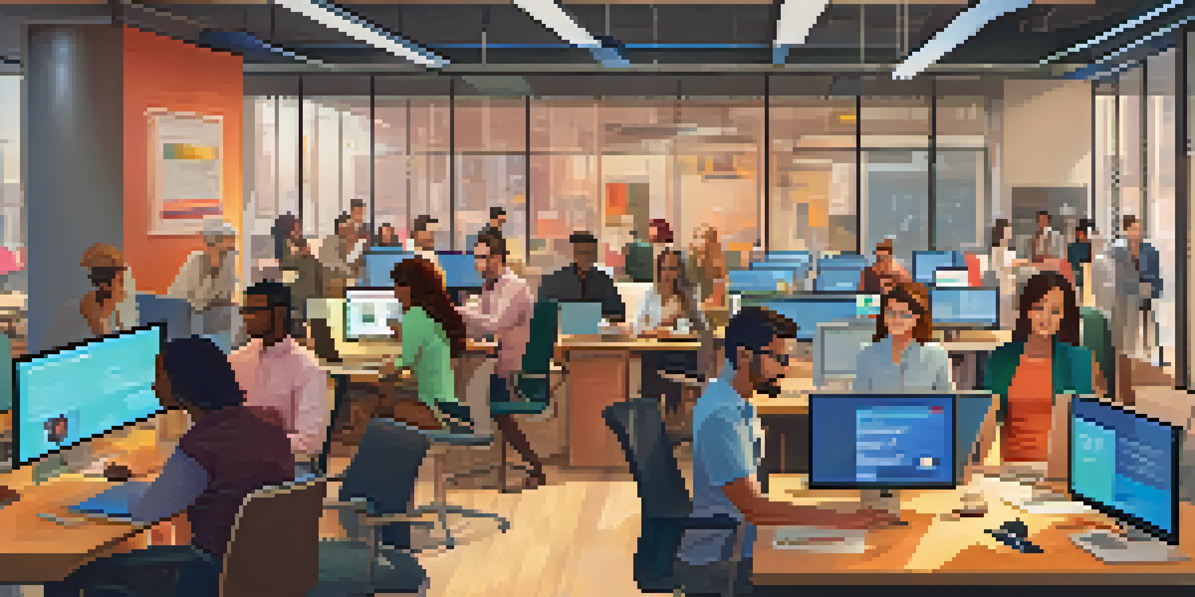 A diverse group of professionals in a modern office engaged in various forms of digital communication, with warm lighting and colorful decor.