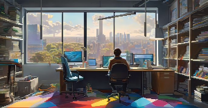 A young person observing a graphic designer in a bright office, taking notes while looking at the designer's computer screen.