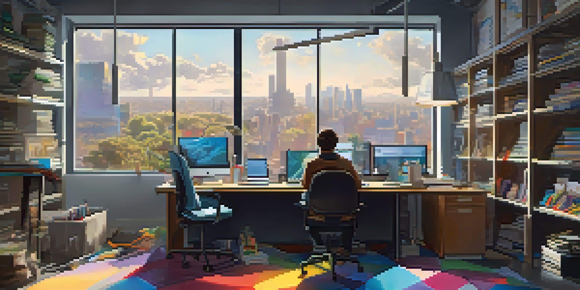 A young person observing a graphic designer in a bright office, taking notes while looking at the designer's computer screen.