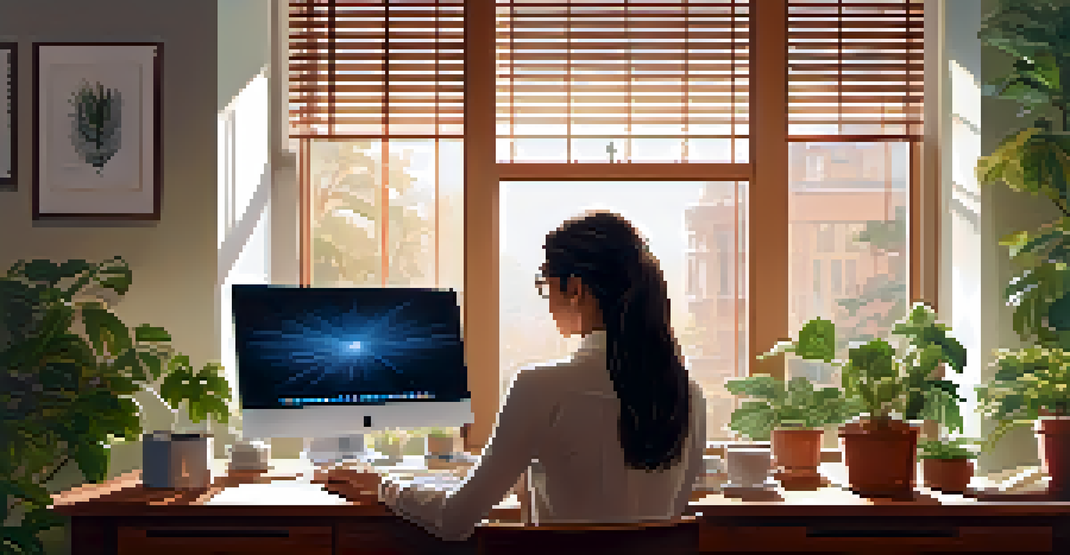 A professional woman in a cozy office reviewing feedback on her laptop at a well-decorated desk with plants and warm lighting.