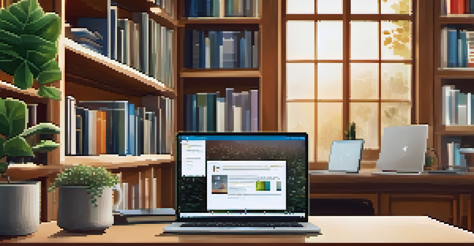 A workspace with a laptop displaying a LinkedIn profile summary, surrounded by books, a plant, and a coffee cup.