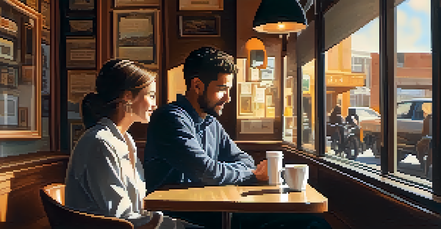 Two professionals having a thoughtful conversation in a cozy coffee shop, surrounded by warm lighting.