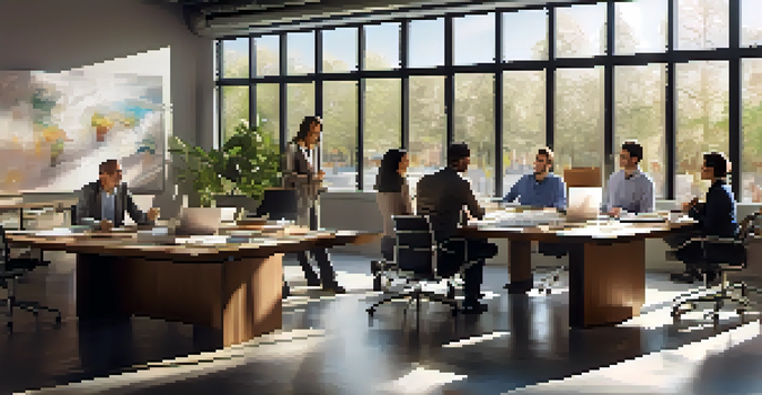 A group of diverse professionals working together in a bright office space, with sunlight shining through windows and motivational quotes on the walls.