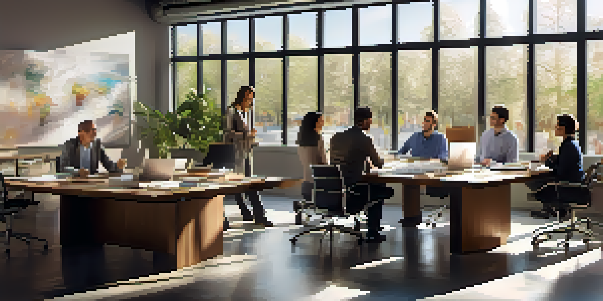 A group of diverse professionals working together in a bright office space, with sunlight shining through windows and motivational quotes on the walls.
