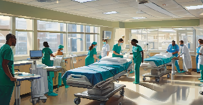 A diverse group of healthcare professionals working in a bright emergency room with patients and medical equipment.