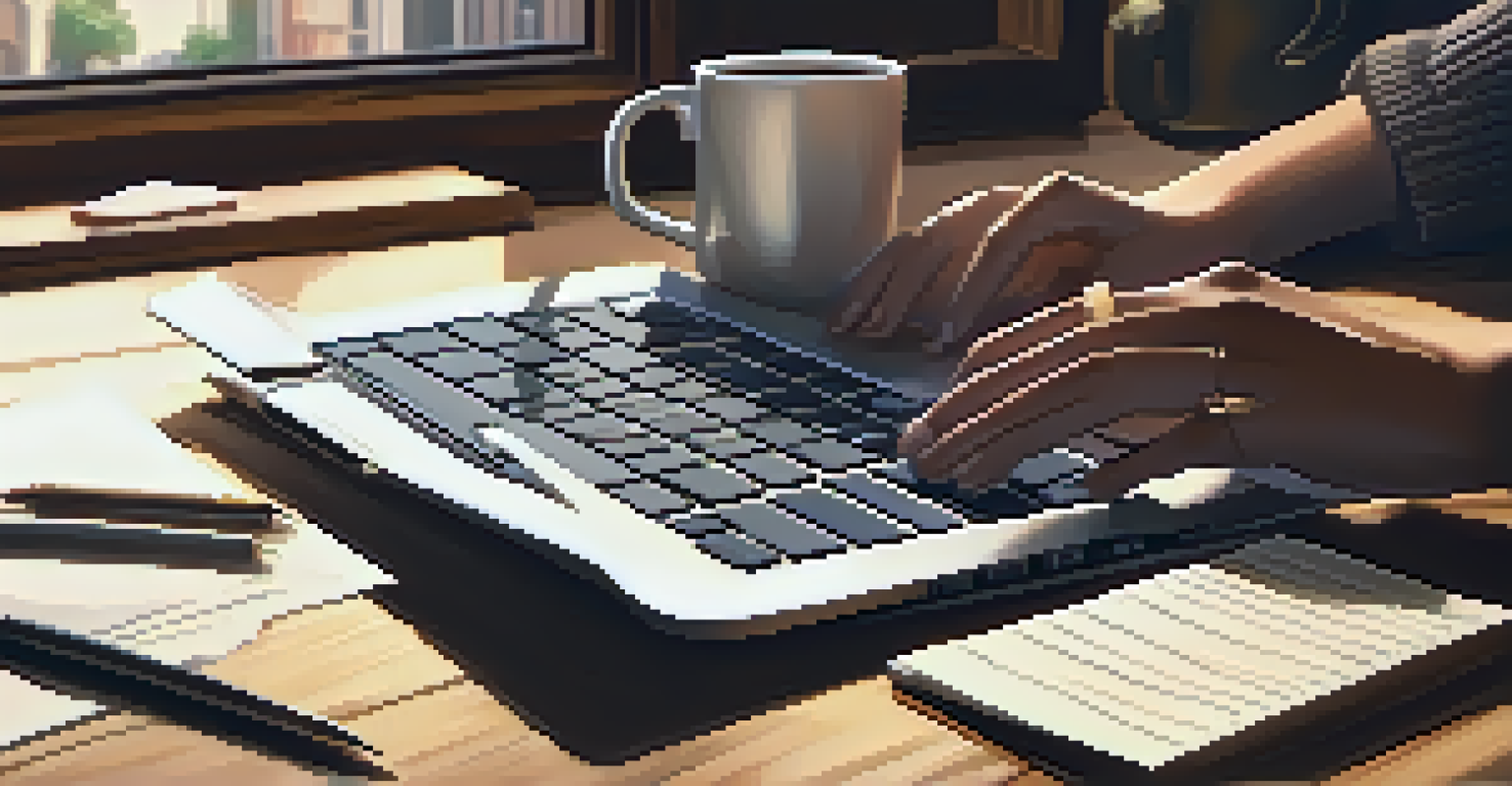 Close-up of hands typing on a laptop, with a coffee cup and notepad on a wooden desk, creating a cozy workspace.