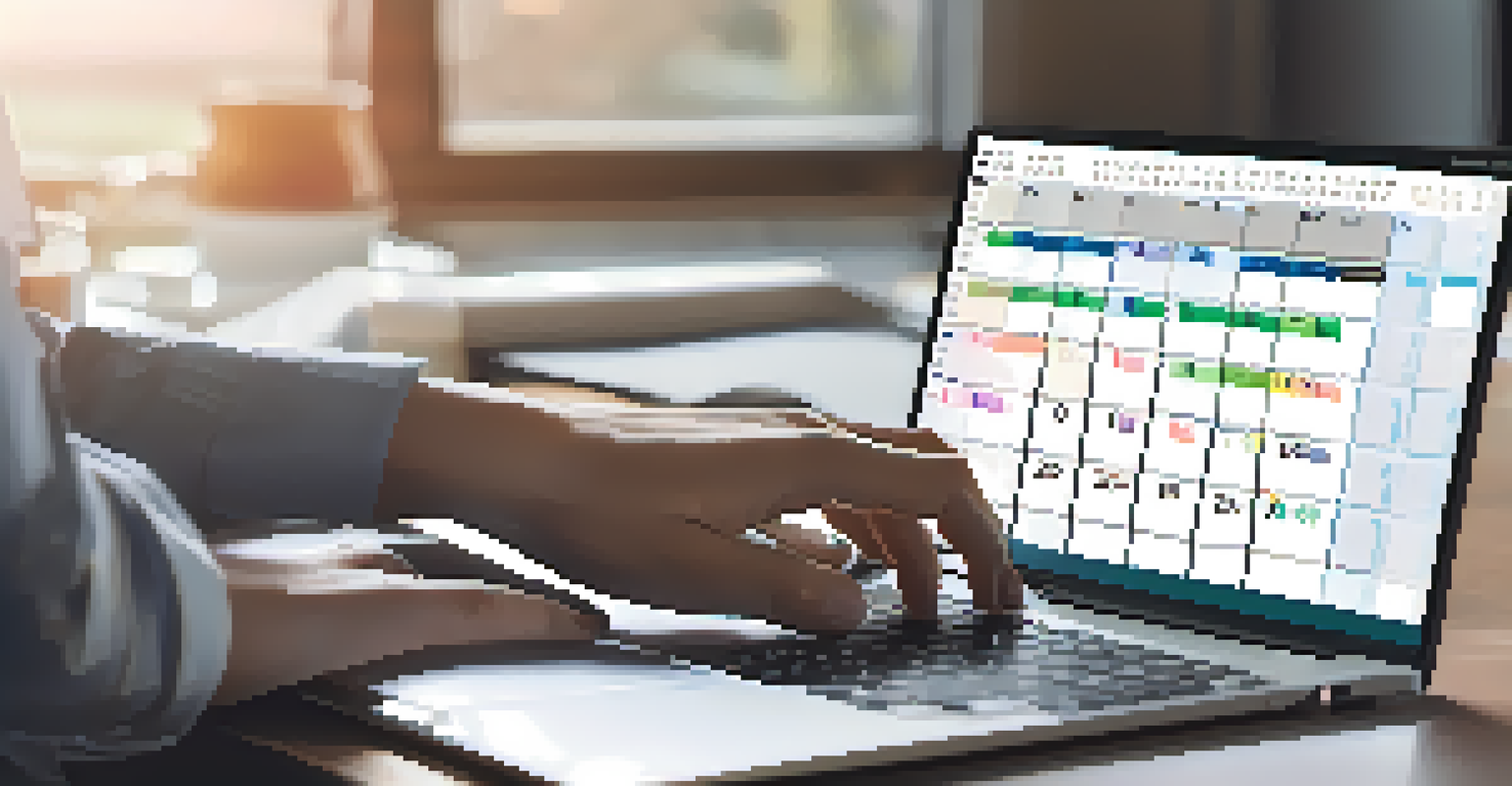 Close-up of hands typing on a laptop, with a digital calendar open on the screen, highlighting digital organization.