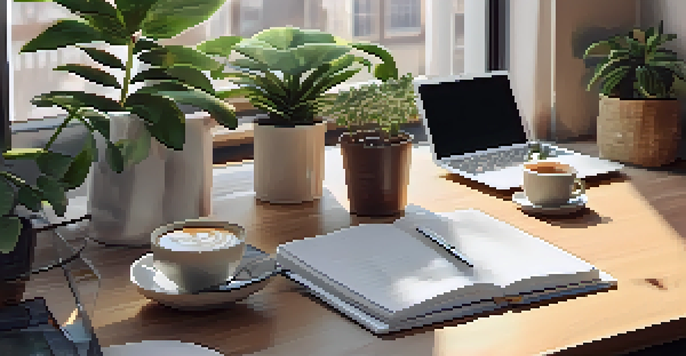 A well-organized desk with a laptop, budgeting notes, and a coffee cup, illuminated by natural light from a window.