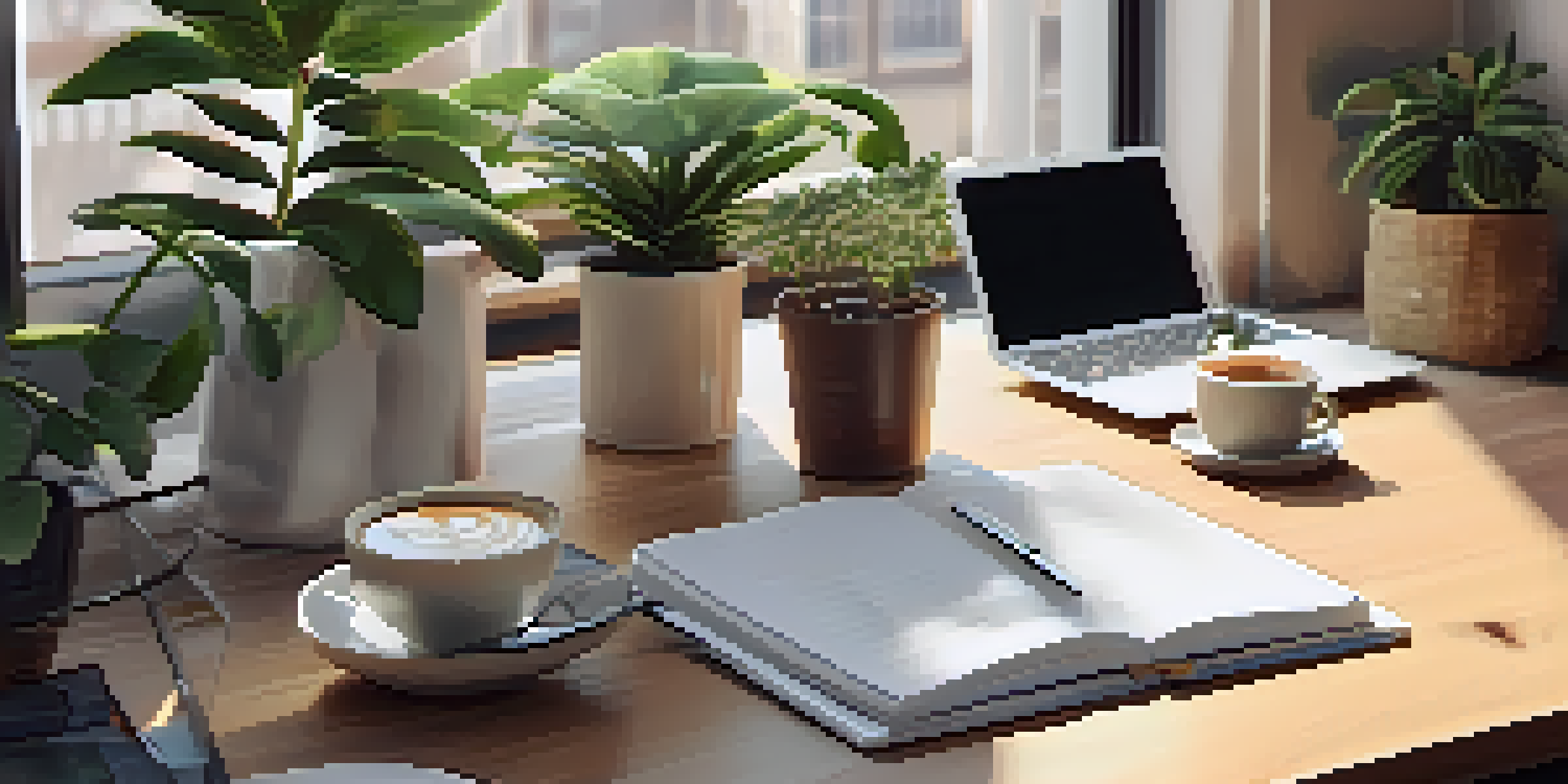 A well-organized desk with a laptop, budgeting notes, and a coffee cup, illuminated by natural light from a window.
