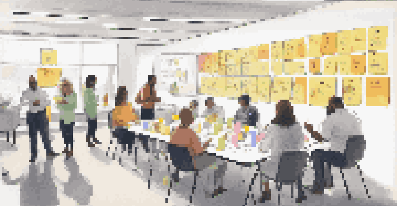 An interactive workshop with employees participating in a role-playing exercise, guided by a facilitator in a colorful room.