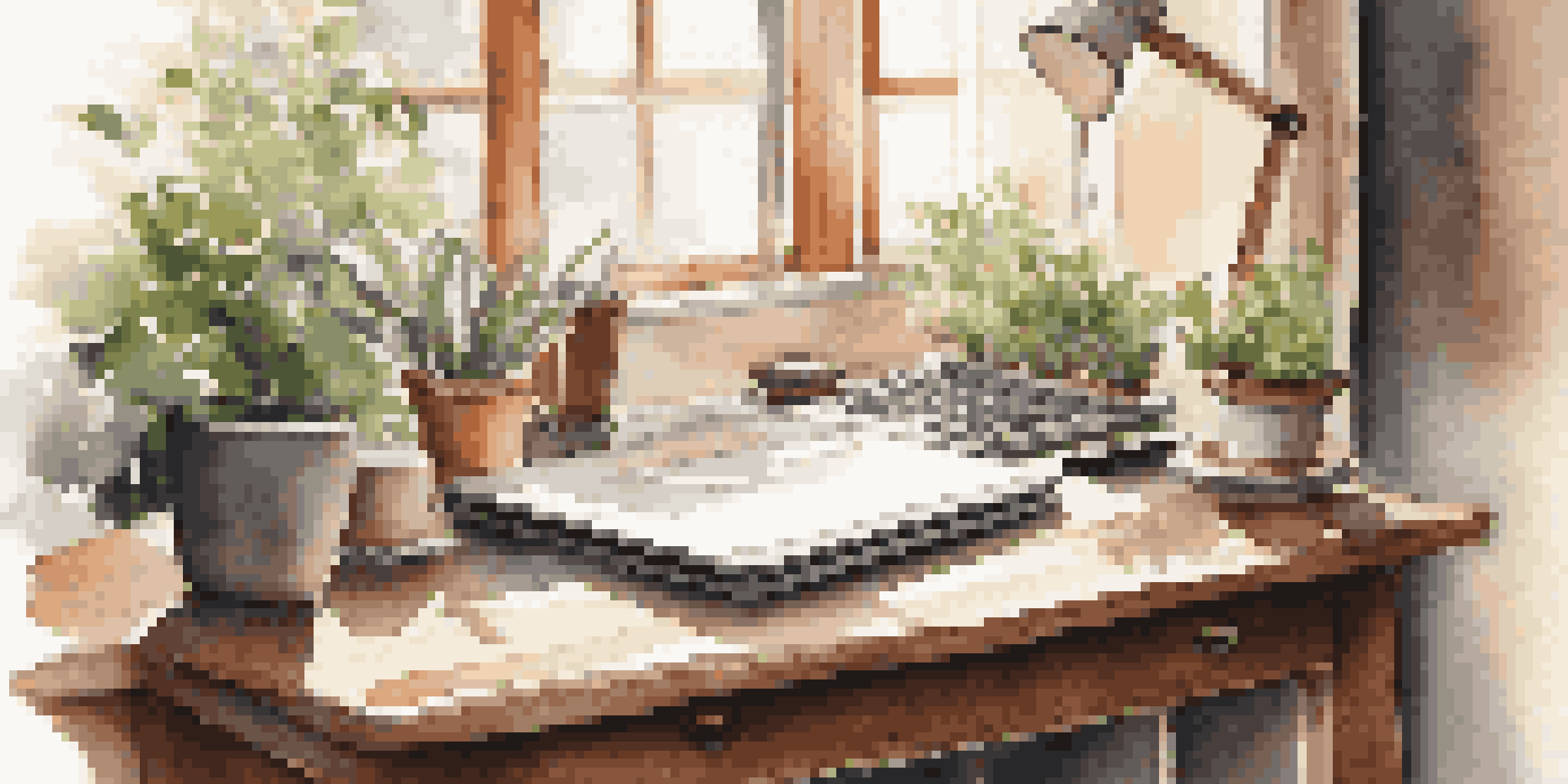 A bright and inviting workspace with a laptop, notebook, coffee cup, and a potted plant on a wooden desk bathed in sunlight.