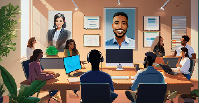 A diverse group of professionals engaged in a virtual meeting from their home offices, with a warm and inviting color scheme.